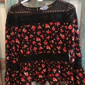Black, red, and white floral long sleeve blouse!